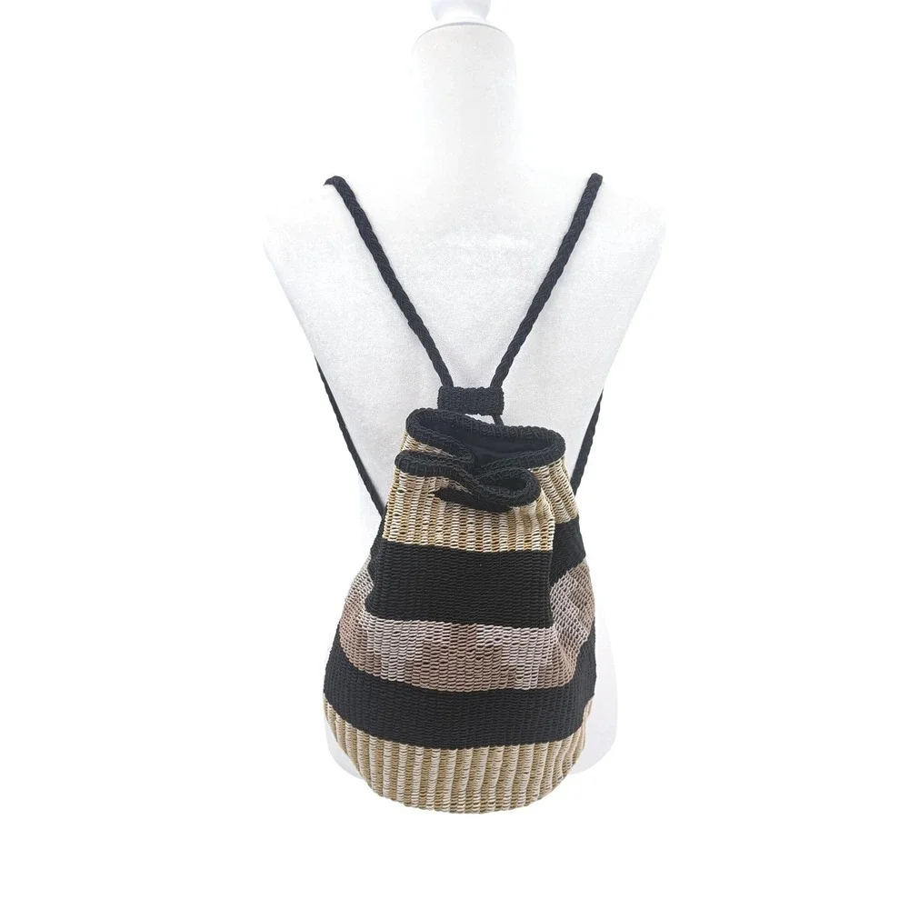 Stone Mountain Woven Striped Drawstring Backpack Black Tan Cream Boho Bucket Bag
